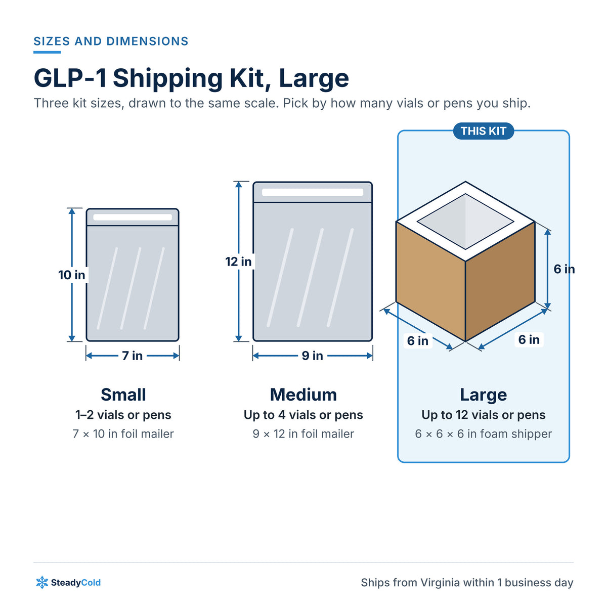 GLP-1 Shipping Kit, Large (up to 12 vials or pens): Sizes and dimensions
