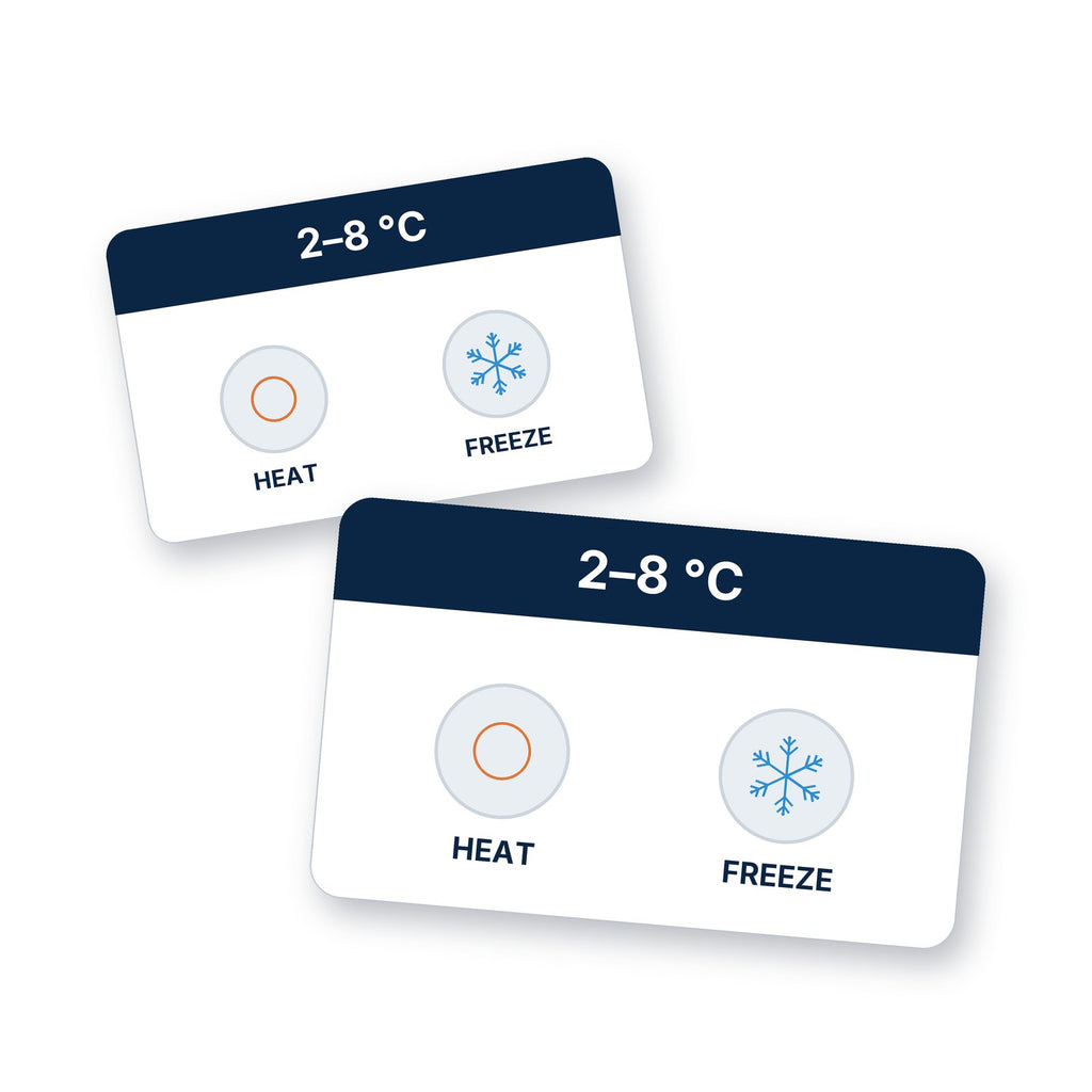 Illustration: 2–8 °C temperature indicator cards with heat and freeze windows